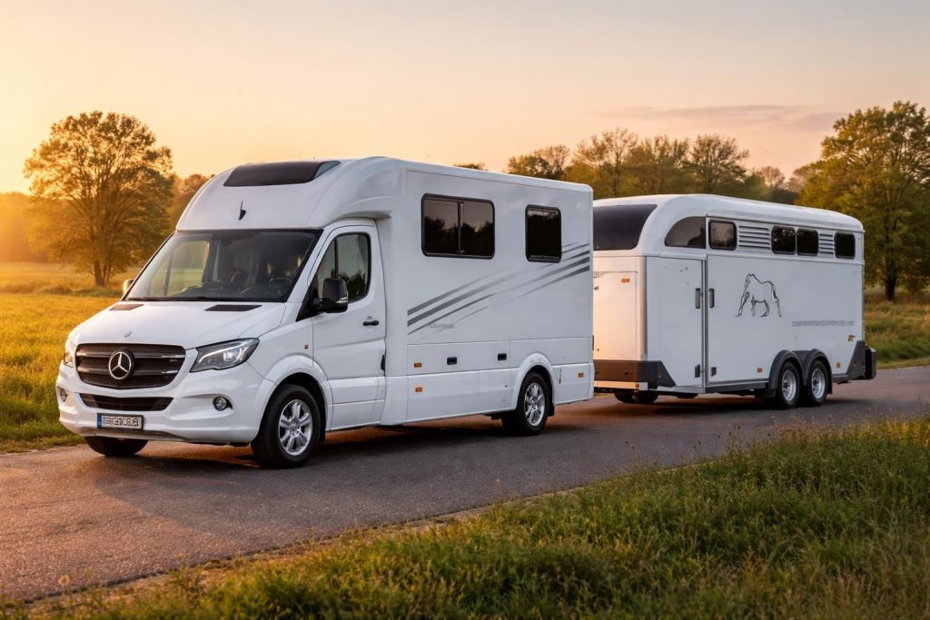 Transport équin avec les remorques Van Pferdetransporter et Mercedes Sprinter adaptés